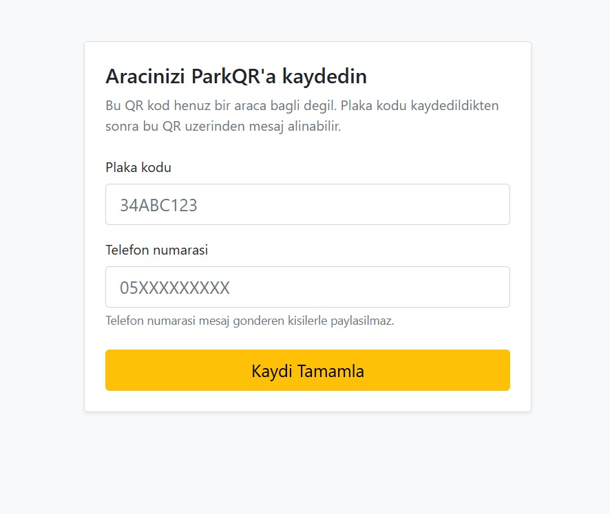 ParkQR araç kayıt ekranı