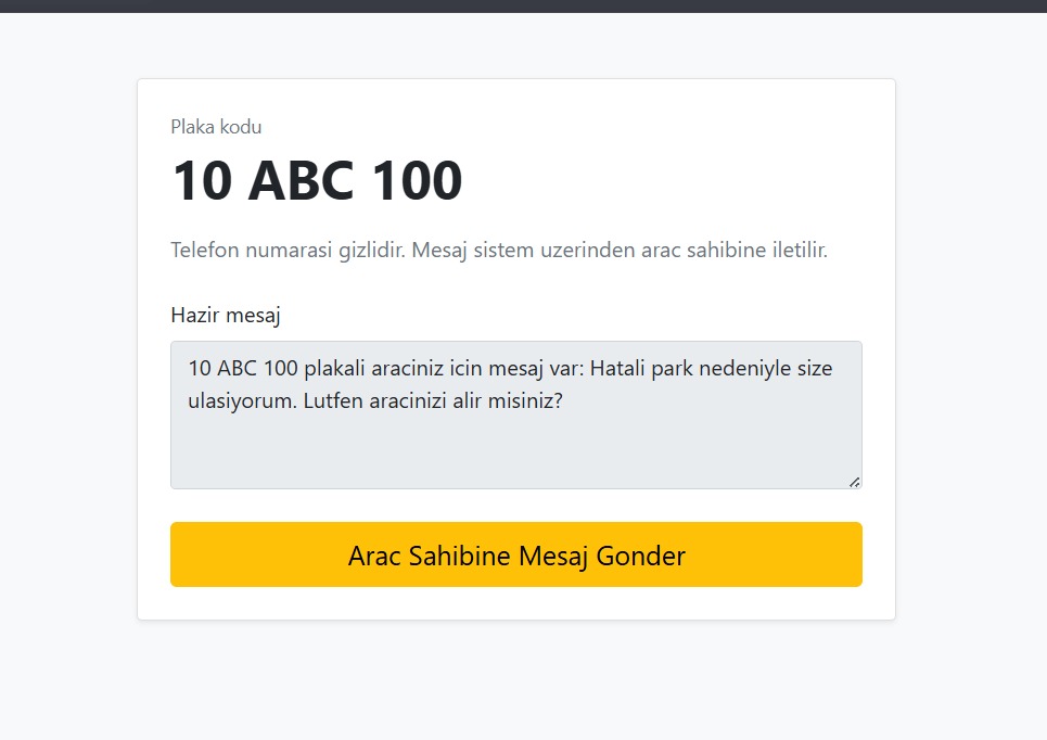 ParkQR mesaj gönderme ekranı